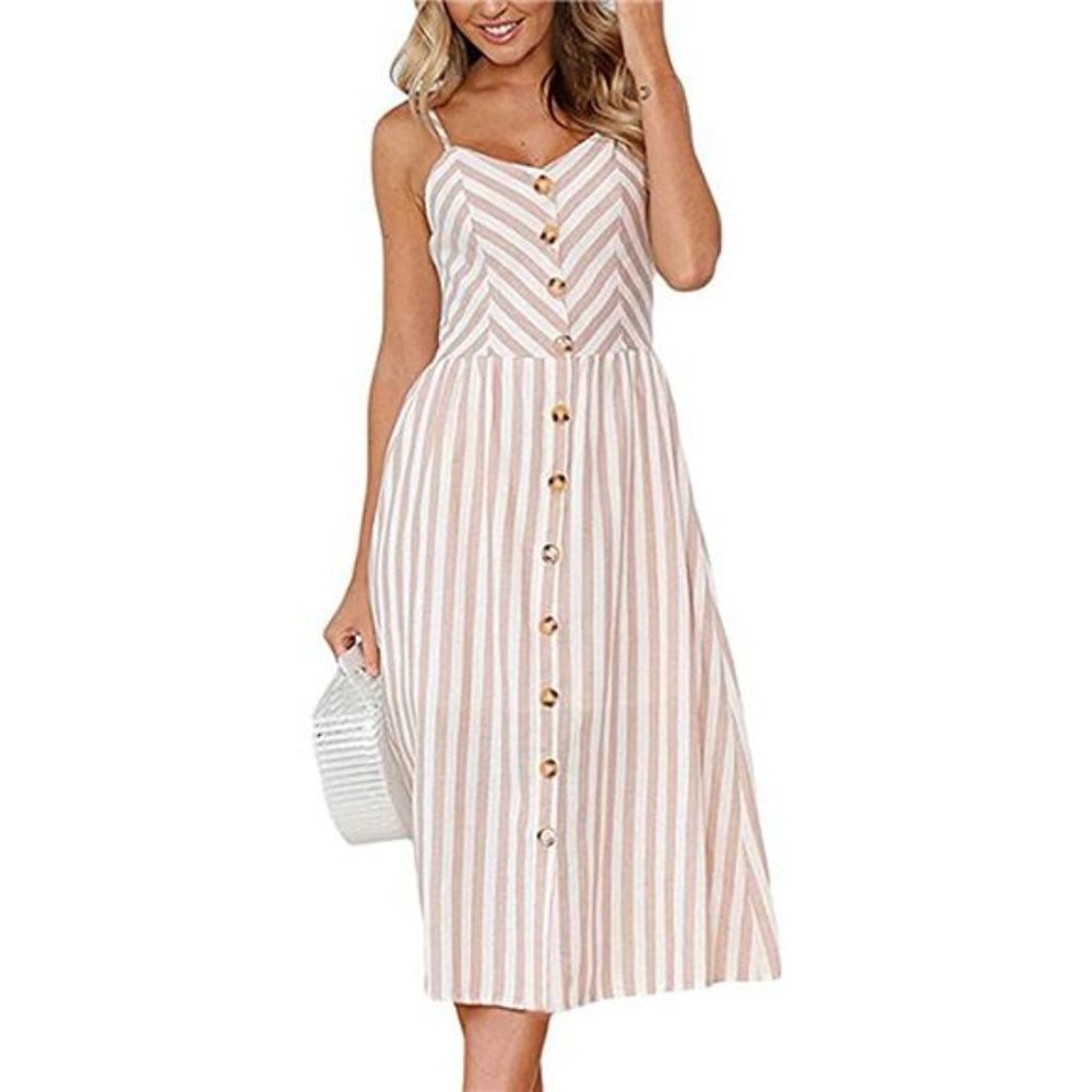 Women's Summer Spaghetti Strap Button Down Swing Midi Dress